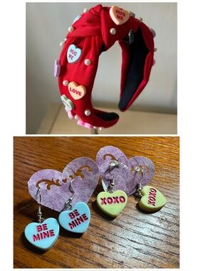 Red Heart Charm Pearl Knotted Headband and 2 pairs of matching earrings